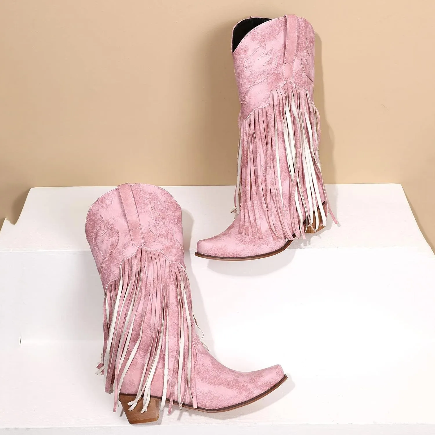 Women's Cowgirl Boots Pointed Toe Fringe Cowboy Boots Western Chunky Mid Heel Boots Knee High Boots with Zipper