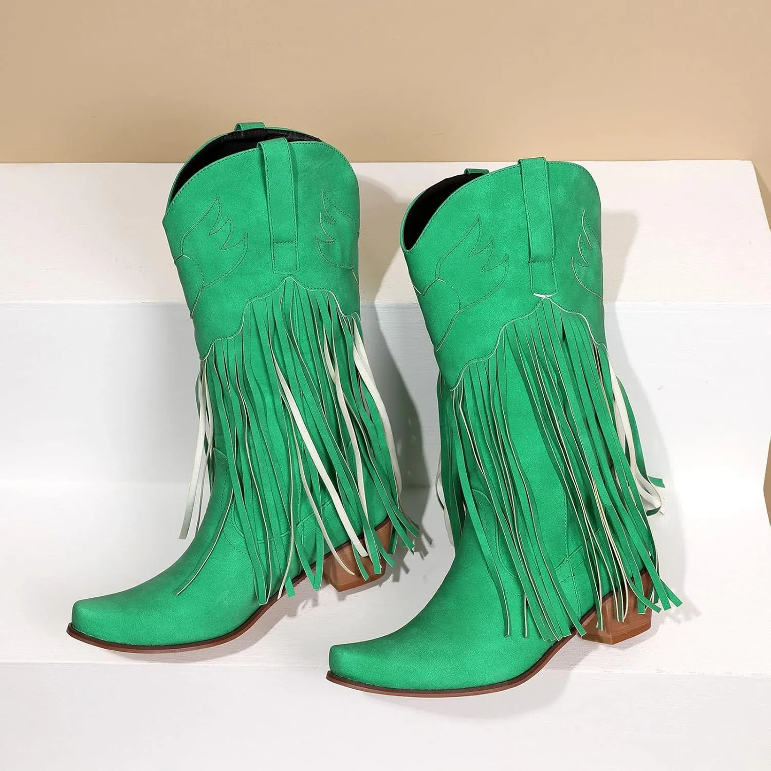 Women's Cowgirl Boots Pointed Toe Fringe Cowboy Boots Western Chunky Mid Heel Boots Knee High Boots with Zipper