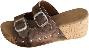 Womens Dress Sandals Comfortable Buckle Strap PU Leather Platform Espadrilles Wedge Summer Dressy Casual Slippers