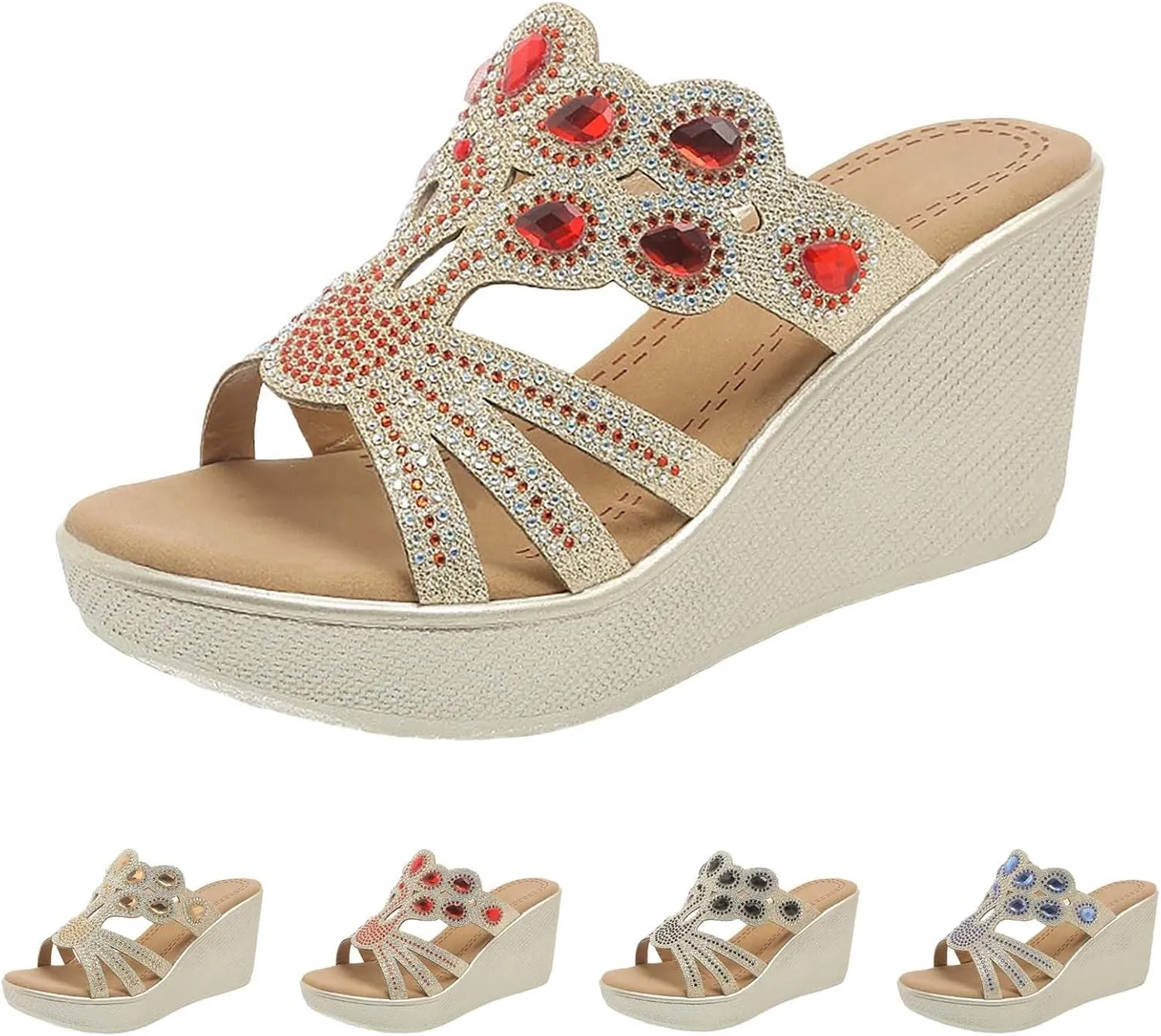 Womens Dress Sandals Low Heel Boho Fashion Rhinestone Strap Platform Espadrilles Wedges Shoes Summer Beach Shoes