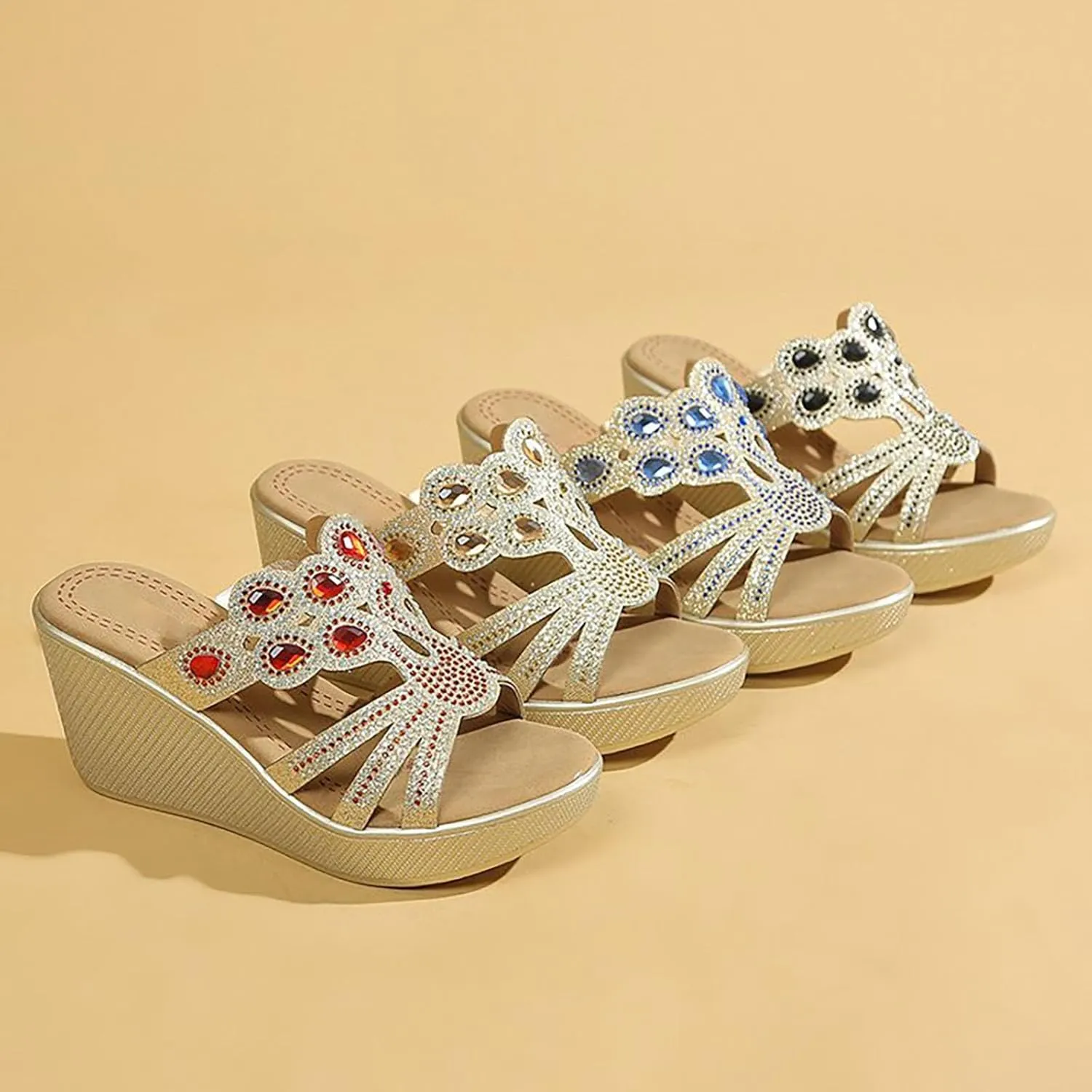 Womens Dress Sandals Low Heel Boho Fashion Rhinestone Strap Platform Espadrilles Wedges Shoes Summer Beach Shoes