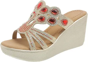 Womens Dress Sandals Low Heel Boho Fashion Rhinestone Strap Platform Espadrilles Wedges Shoes Summer Beach Shoes