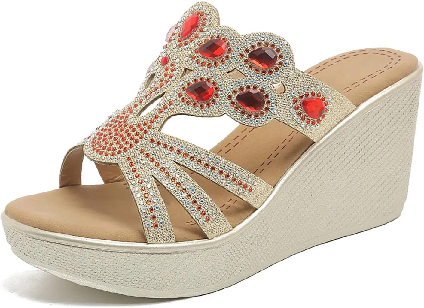 Womens Dress Sandals Low Heel Boho Fashion Rhinestone Strap Platform Espadrilles Wedges Shoes Summer Beach Shoes