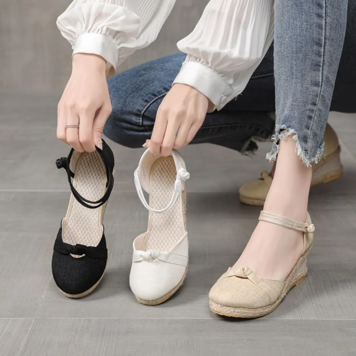 Women's Espadrilles Wedge Sandals Platform Closed Toe Ankle Strap Lace Up Summer Shoes Espadrille Heels Wedges for Women Bohemian Canvas