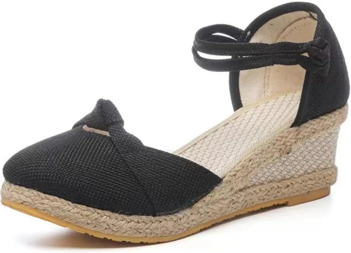 Women's Espadrilles Wedge Sandals Platform Closed Toe Ankle Strap Lace Up Summer Shoes Espadrille Heels Wedges for Women Bohemian Canvas