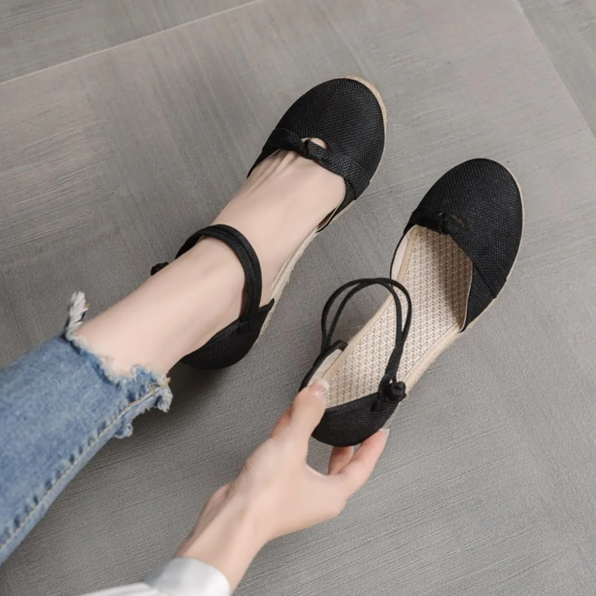 Women's Espadrilles Wedge Sandals Platform Closed Toe Ankle Strap Lace Up Summer Shoes Espadrille Heels Wedges for Women Bohemian Canvas