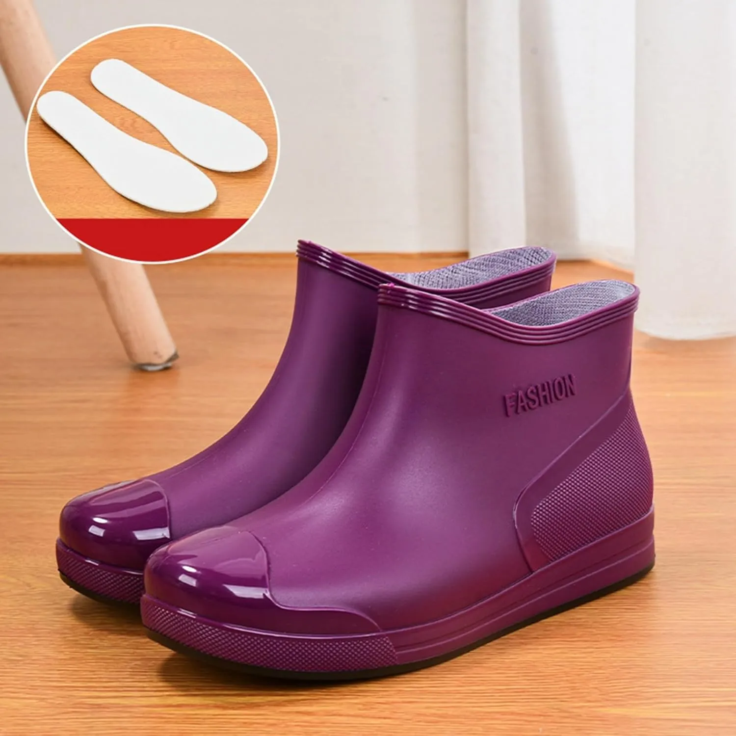 Women's Fashion Rain Boots Low Cut Short Tube Plastic Water Shoes with Non Slip Soles Warm Water Proof Rubber Boots