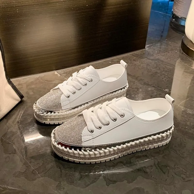 Women's Fashion Rhinestone Slip On Sneakers Casual Comfort Platform Walking Shoes Glitter Bling Lace Up Loafers