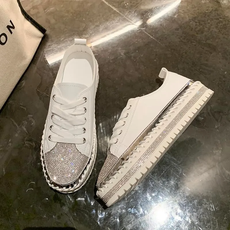 Women's Fashion Rhinestone Slip On Sneakers Casual Comfort Platform Walking Shoes Glitter Bling Lace Up Loafers