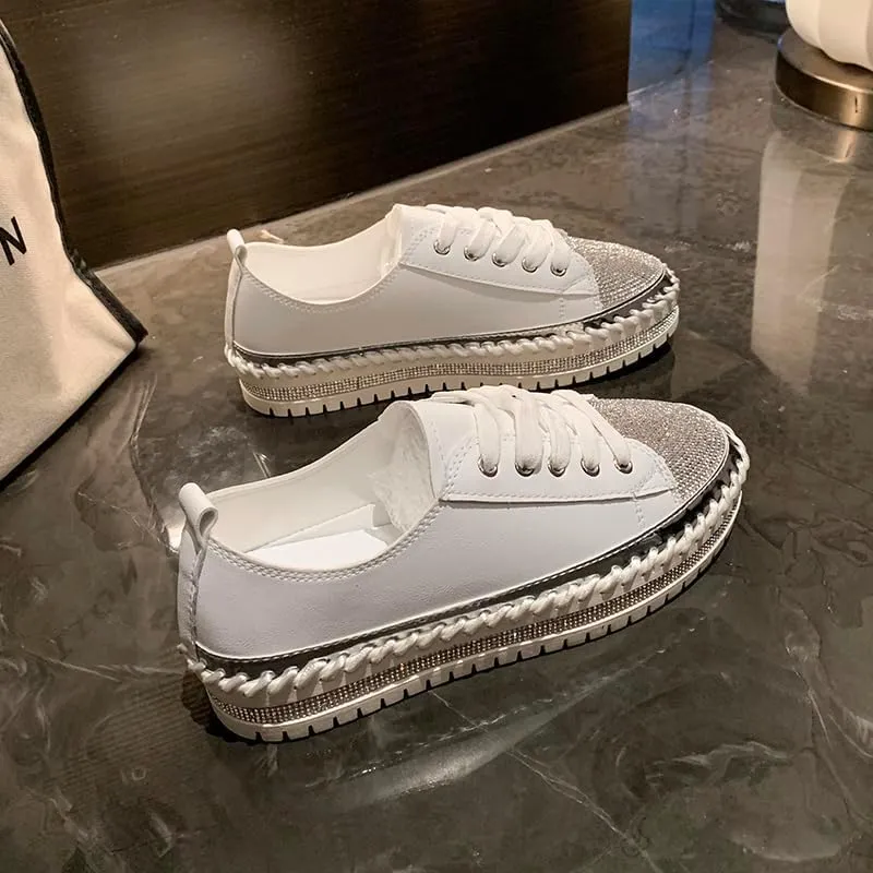Women's Fashion Rhinestone Slip On Sneakers Casual Comfort Platform Walking Shoes Glitter Bling Lace Up Loafers