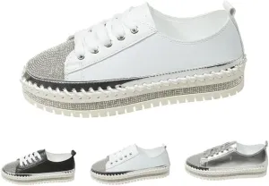 Women's Fashion Rhinestone Slip On Sneakers Casual Comfort Platform Walking Shoes Glitter Bling Lace Up Loafers