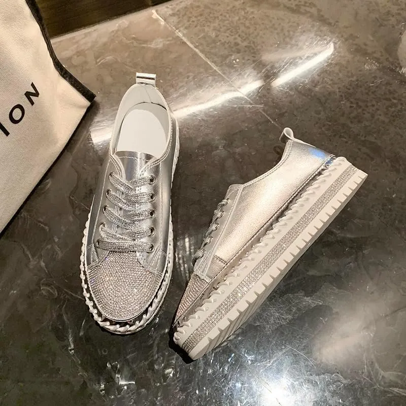 Women's Fashion Rhinestone Slip On Sneakers Casual Comfort Platform Walking Shoes Glitter Bling Lace Up Loafers