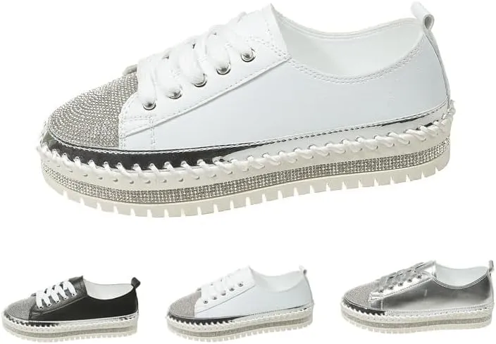 Women's Fashion Rhinestone Slip On Sneakers Casual Comfort Platform Walking Shoes Glitter Bling Lace Up Loafers