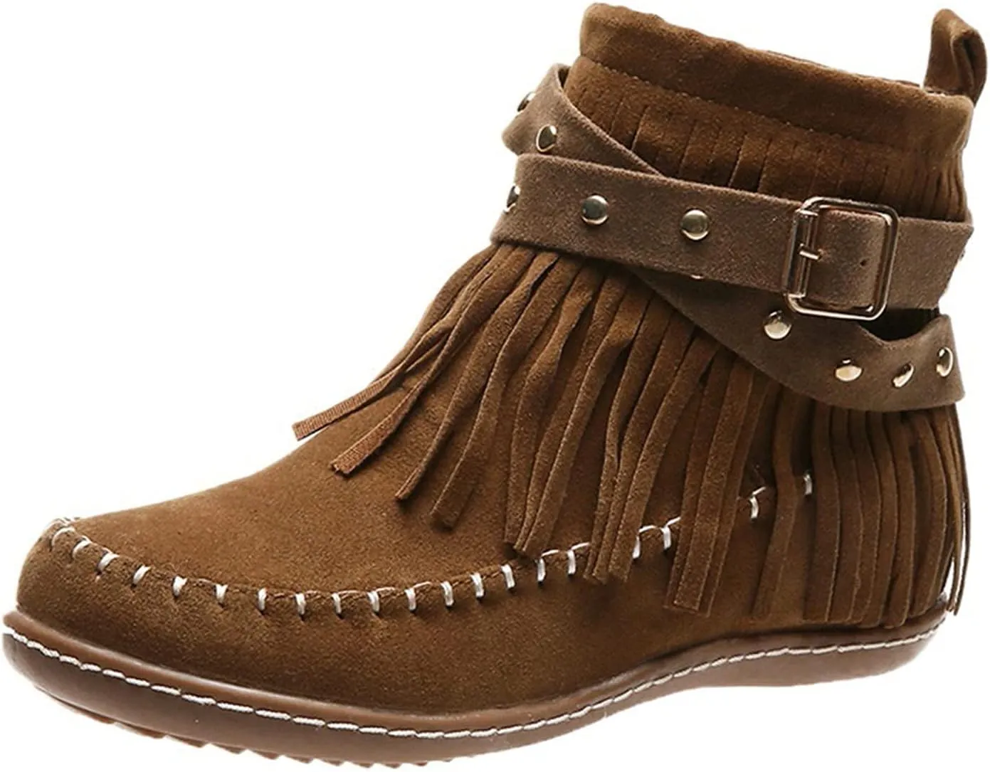 Women's Fringe Tassel Moccasln Ankle Boots Retro Round Toe Zipper Closure Flat Heel Stylish Suede Leather Booties