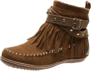 Women's Fringe Tassel Moccasln Ankle Boots Retro Round Toe Zipper Closure Flat Heel Stylish Suede Leather Booties