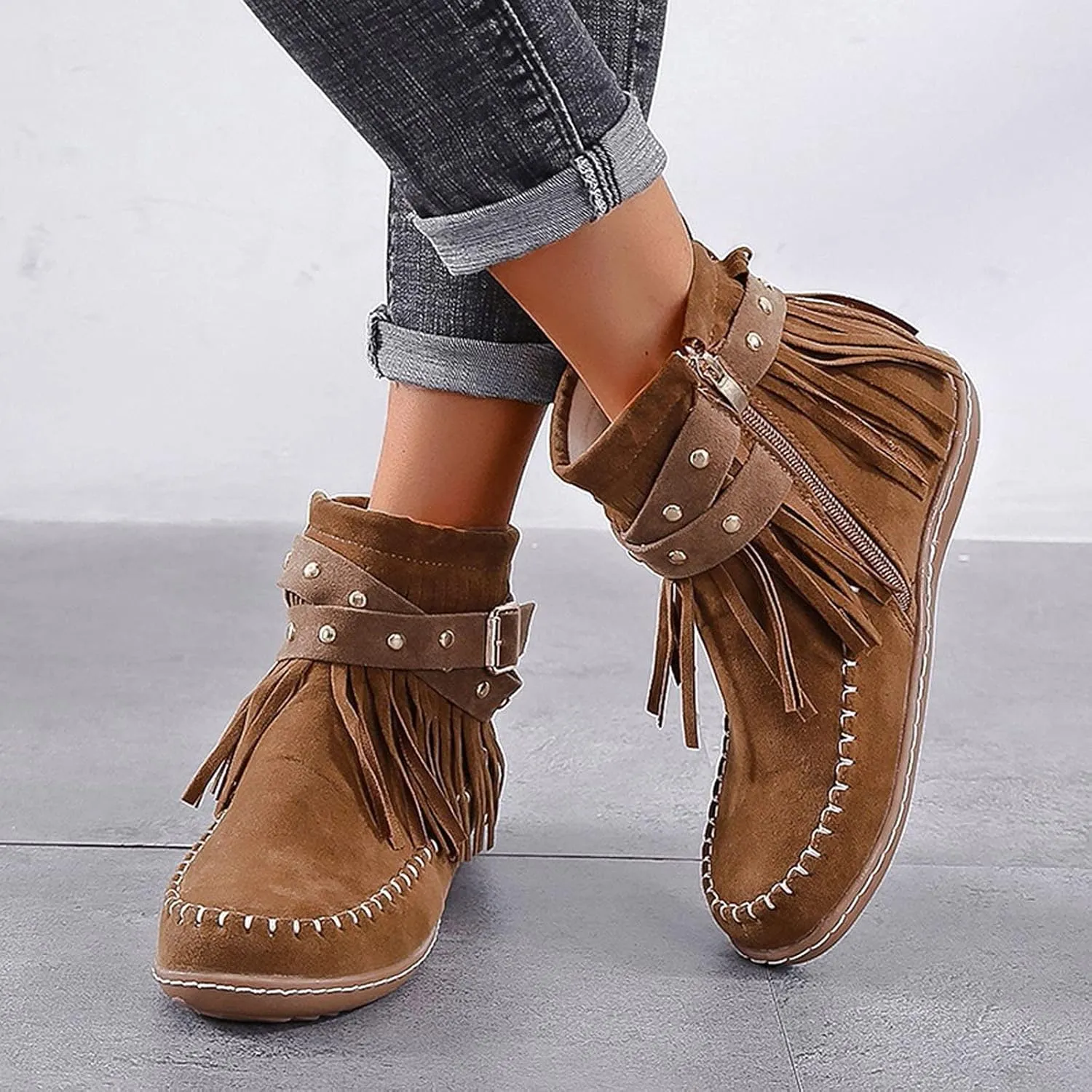 Women's Fringe Tassel Moccasln Ankle Boots Retro Round Toe Zipper Closure Flat Heel Stylish Suede Leather Booties