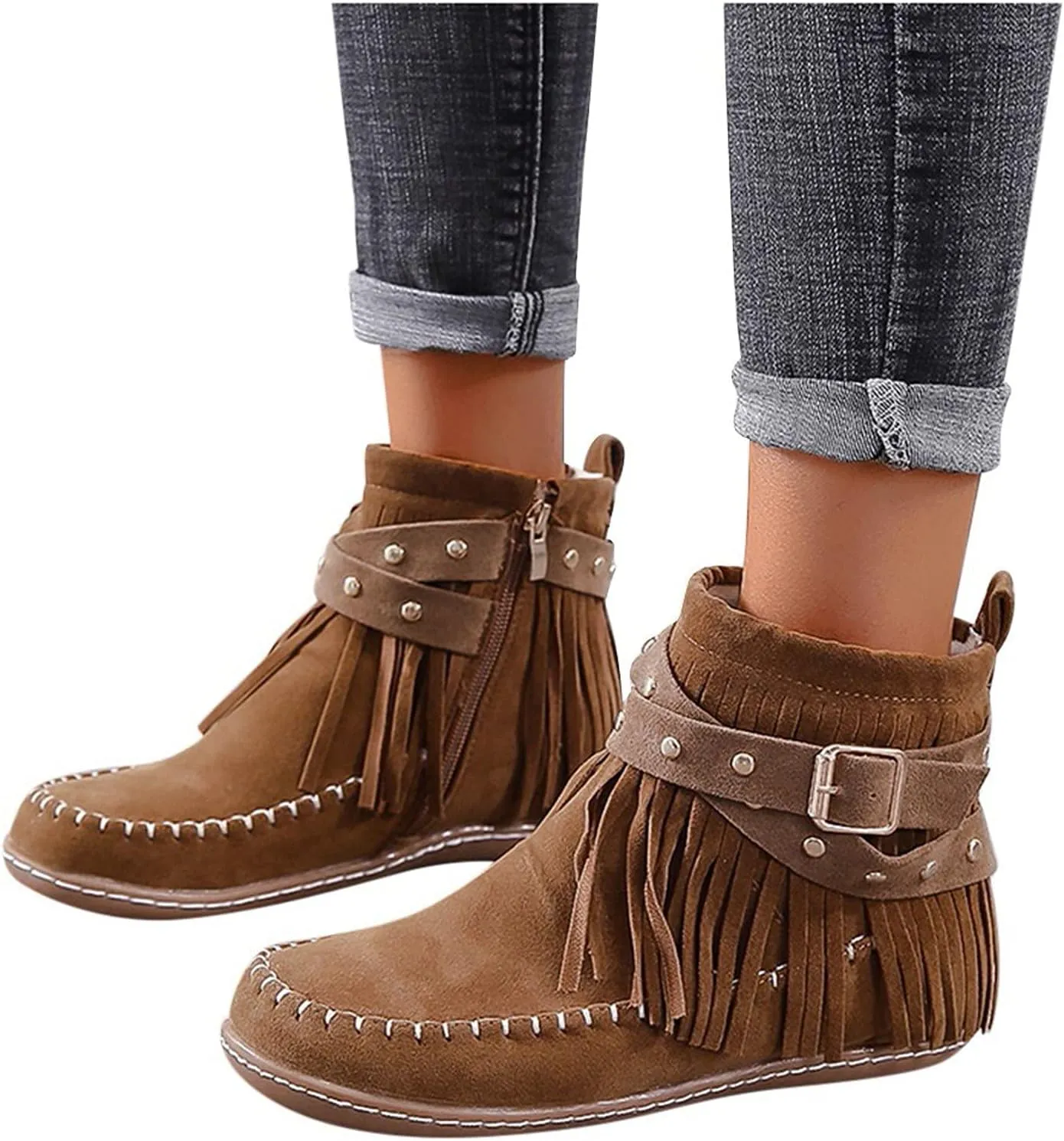 Women's Fringe Tassel Moccasln Ankle Boots Retro Round Toe Zipper Closure Flat Heel Stylish Suede Leather Booties