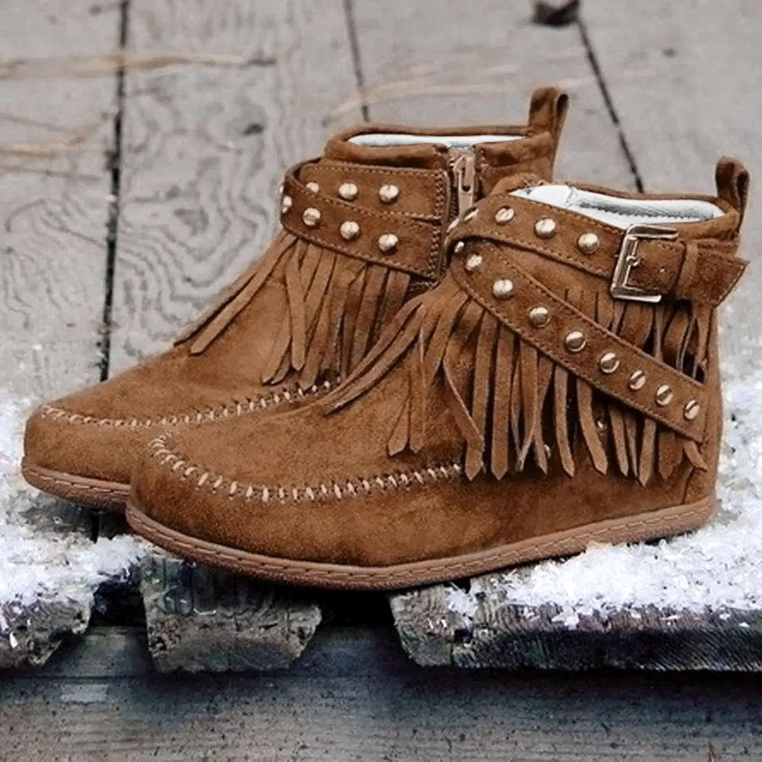 Women's Fringe Tassel Moccasln Ankle Boots Retro Round Toe Zipper Closure Flat Heel Stylish Suede Leather Booties