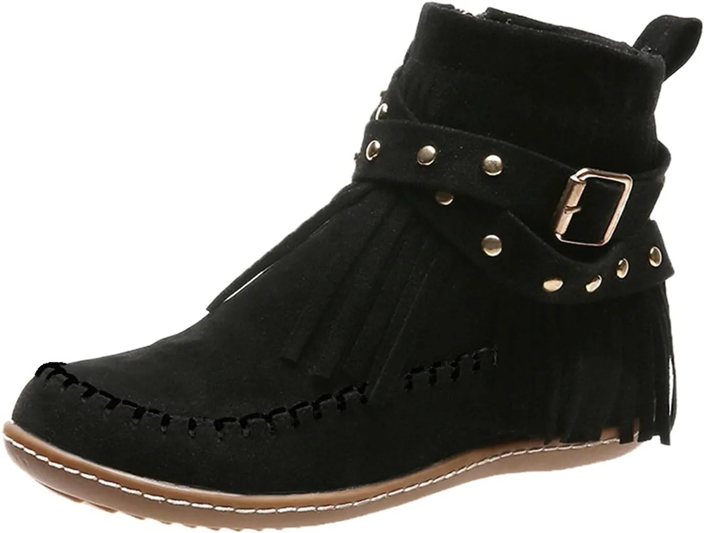 Women's Fringe Tassel Moccasln Ankle Boots Retro Round Toe Zipper Closure Flat Heel Stylish Suede Leather Booties
