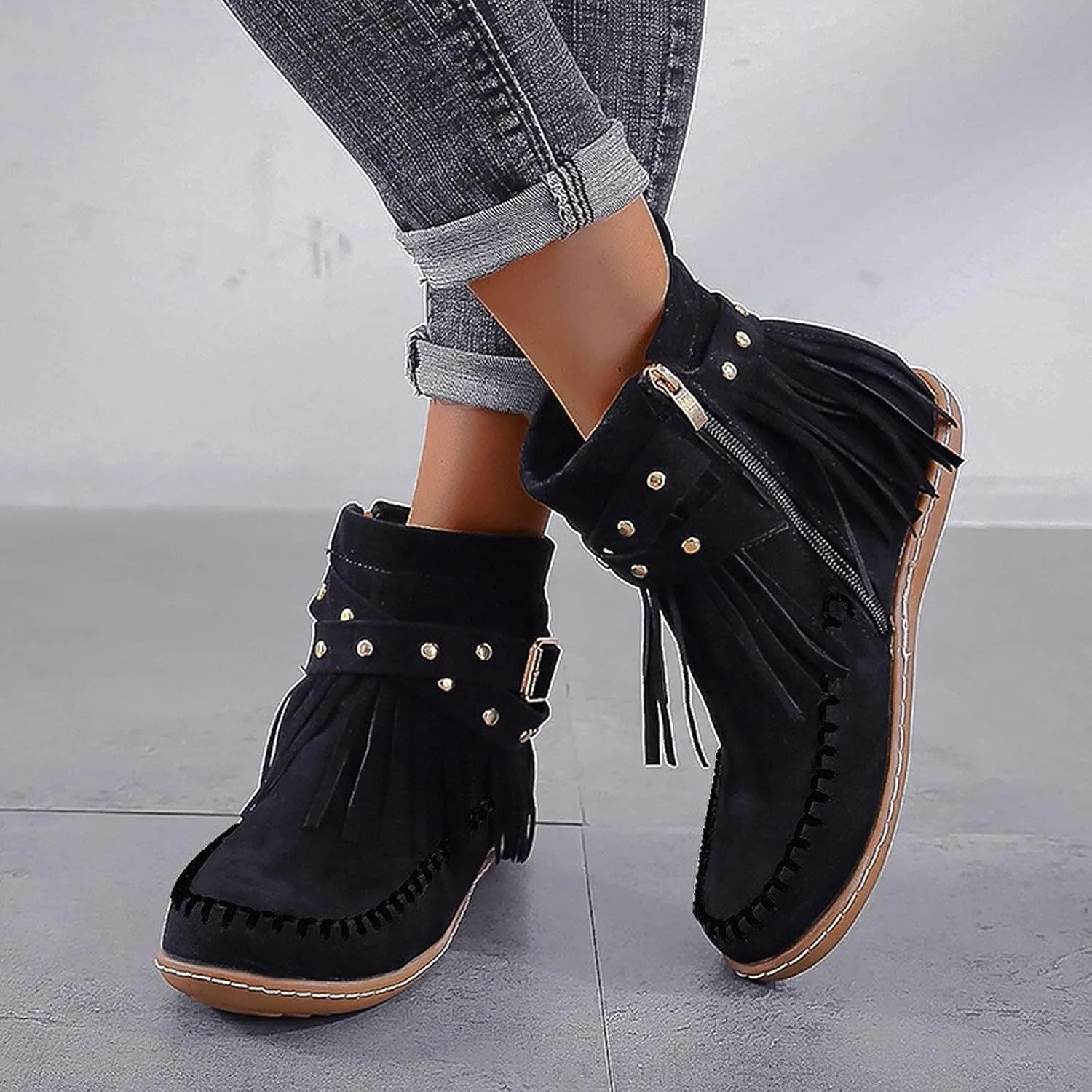 Women's Fringe Tassel Moccasln Ankle Boots Retro Round Toe Zipper Closure Flat Heel Stylish Suede Leather Booties