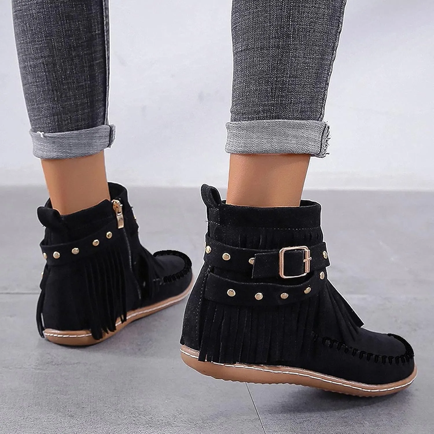 Women's Fringe Tassel Moccasln Ankle Boots Retro Round Toe Zipper Closure Flat Heel Stylish Suede Leather Booties