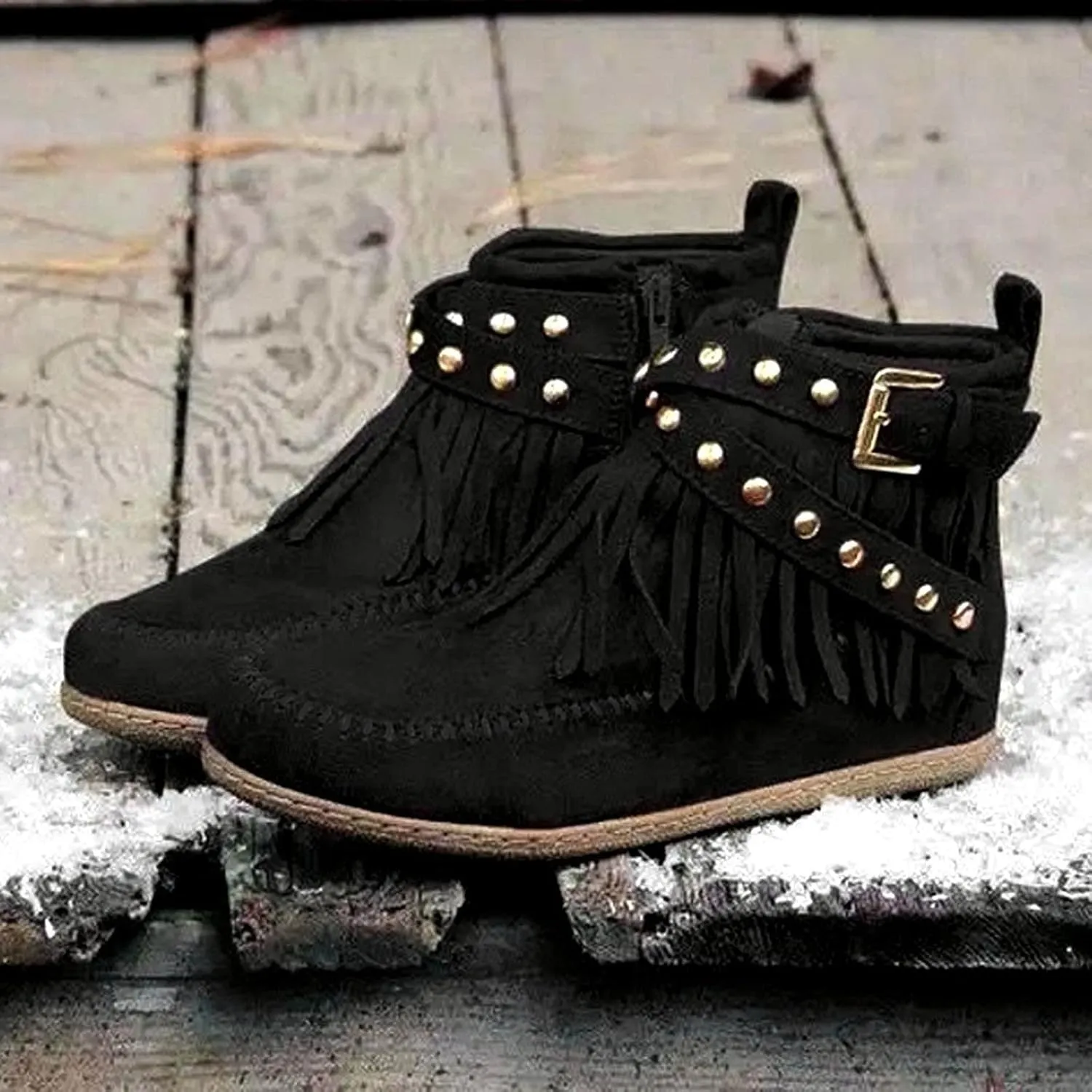 Women's Fringe Tassel Moccasln Ankle Boots Retro Round Toe Zipper Closure Flat Heel Stylish Suede Leather Booties