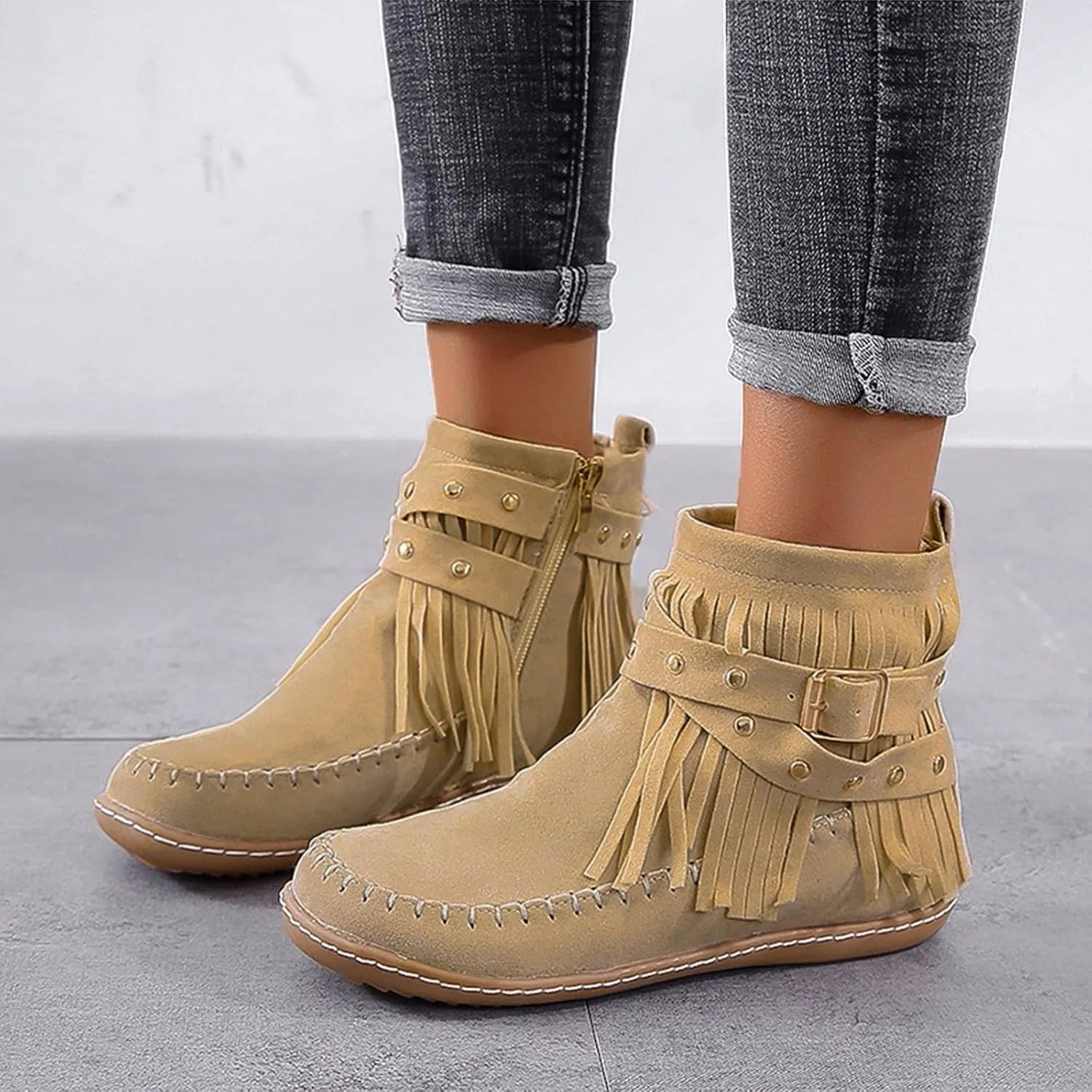 Women's Fringe Tassel Moccasln Ankle Boots Retro Round Toe Zipper Closure Flat Heel Stylish Suede Leather Booties