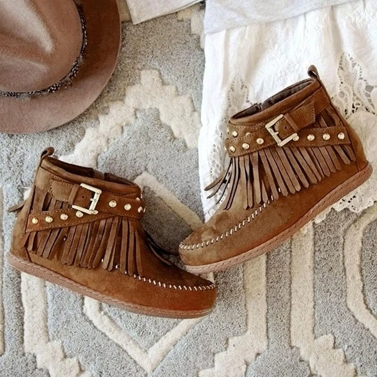 Women's Fringe Tassel Moccasln Ankle Boots Retro Round Toe Zipper Closure Flat Heel Stylish Suede Leather Booties