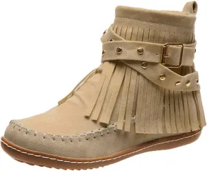 Women's Fringe Tassel Moccasln Ankle Boots Retro Round Toe Zipper Closure Flat Heel Stylish Suede Leather Booties
