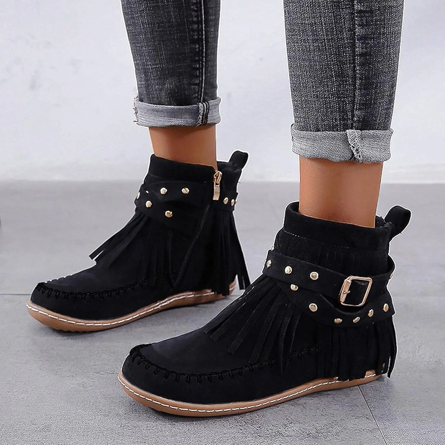 Women's Fringe Tassel Moccasln Ankle Boots Retro Round Toe Zipper Closure Flat Heel Stylish Suede Leather Booties