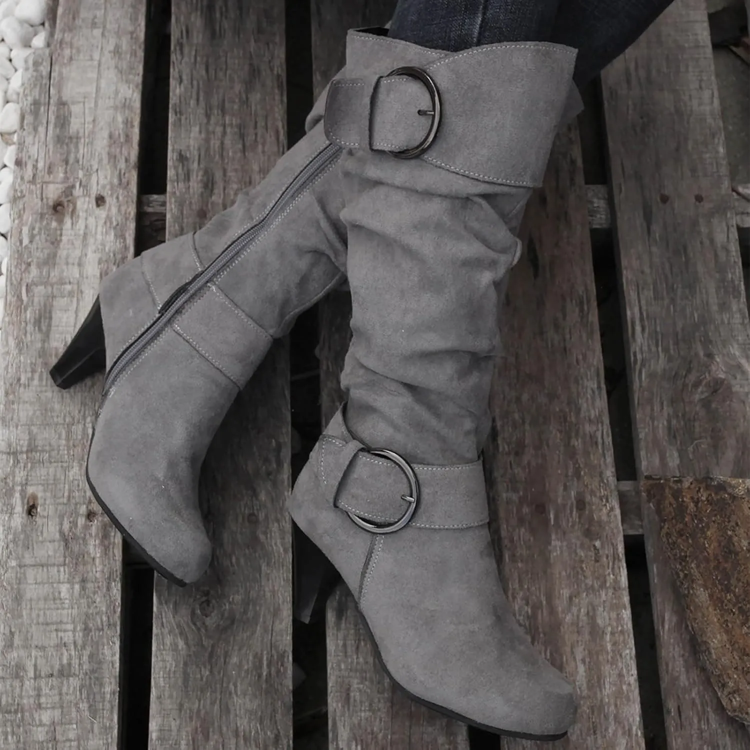 Women's Knee High Boots Buckle Zipper Mid Calf Boots Suede Faux Fur Lining Boots Fashion Side Zipper Long Boots