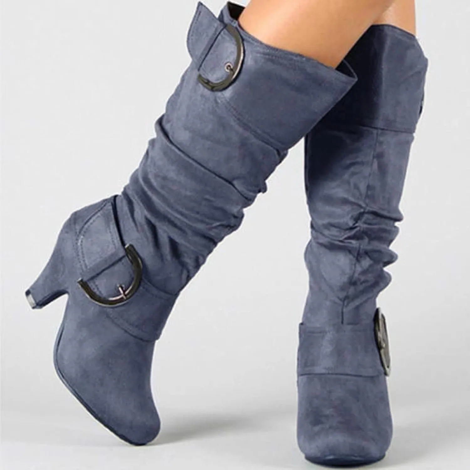 Women's Knee High Boots Buckle Zipper Mid Calf Boots Suede Faux Fur Lining Boots Fashion Side Zipper Long Boots