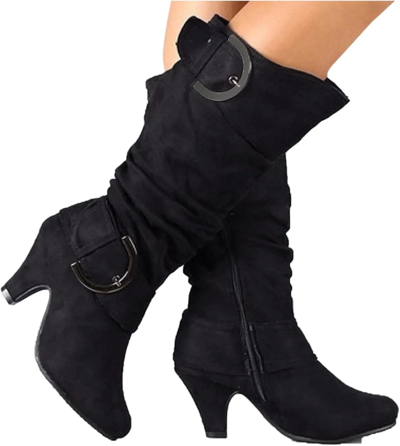 Women's Knee High Boots Buckle Zipper Mid Calf Boots Suede Faux Fur Lining Boots Fashion Side Zipper Long Boots