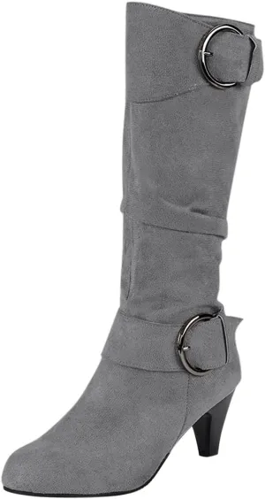 Women's Knee High Boots Buckle Zipper Mid Calf Boots Suede Faux Fur Lining Boots Fashion Side Zipper Long Boots