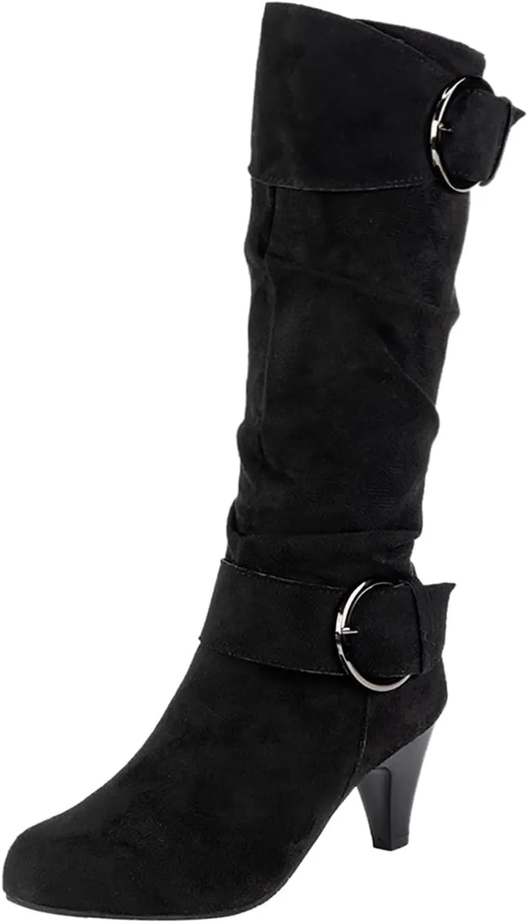 Women's Knee High Boots Buckle Zipper Mid Calf Boots Suede Faux Fur Lining Boots Fashion Side Zipper Long Boots