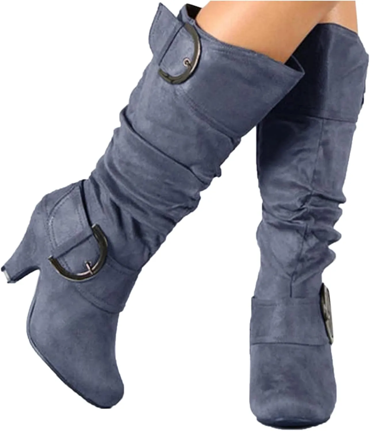 Women's Knee High Boots Buckle Zipper Mid Calf Boots Suede Faux Fur Lining Boots Fashion Side Zipper Long Boots
