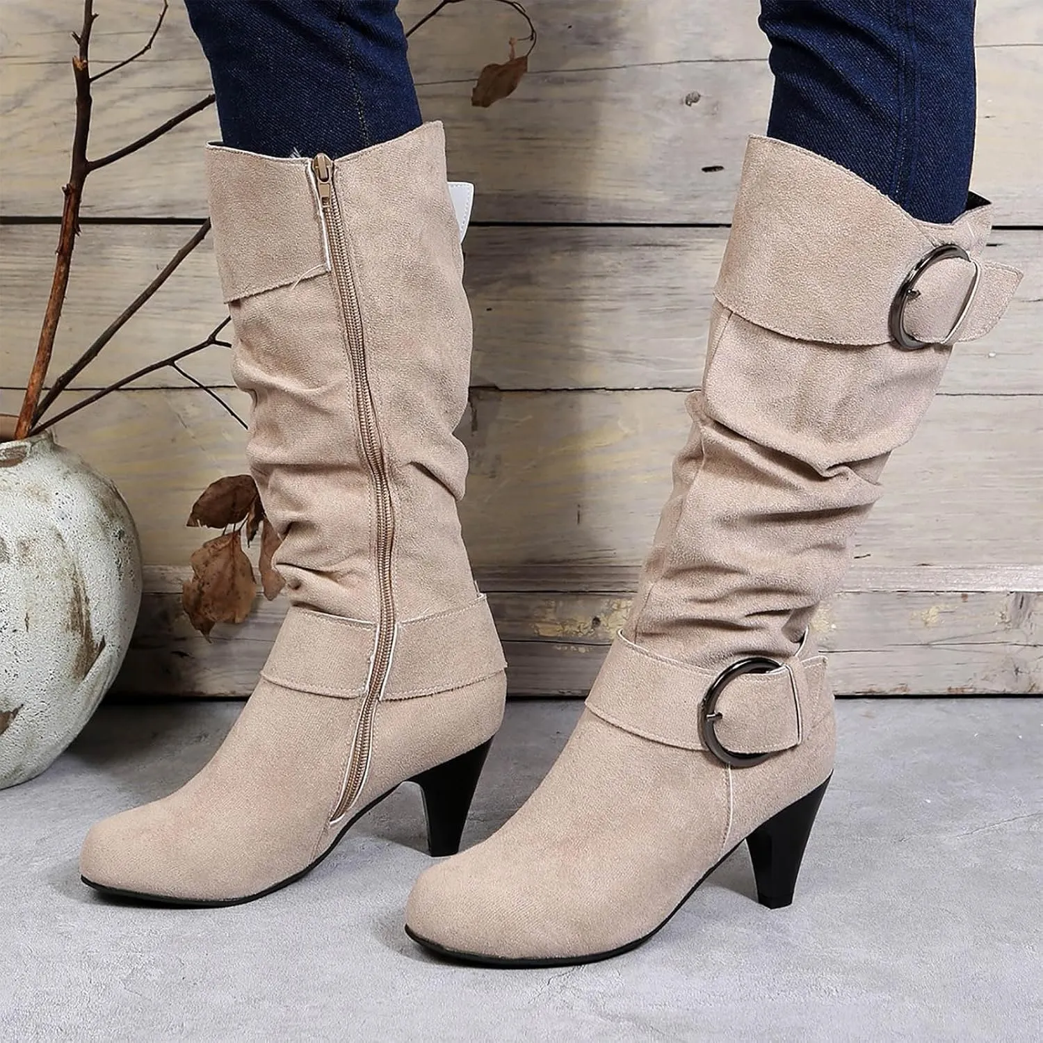 Women's Knee High Boots Buckle Zipper Mid Calf Boots Suede Faux Fur Lining Boots Fashion Side Zipper Long Boots