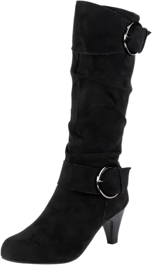Women's Knee High Boots Buckle Zipper Mid Calf Boots Suede Faux Fur Lining Boots Fashion Side Zipper Long Boots