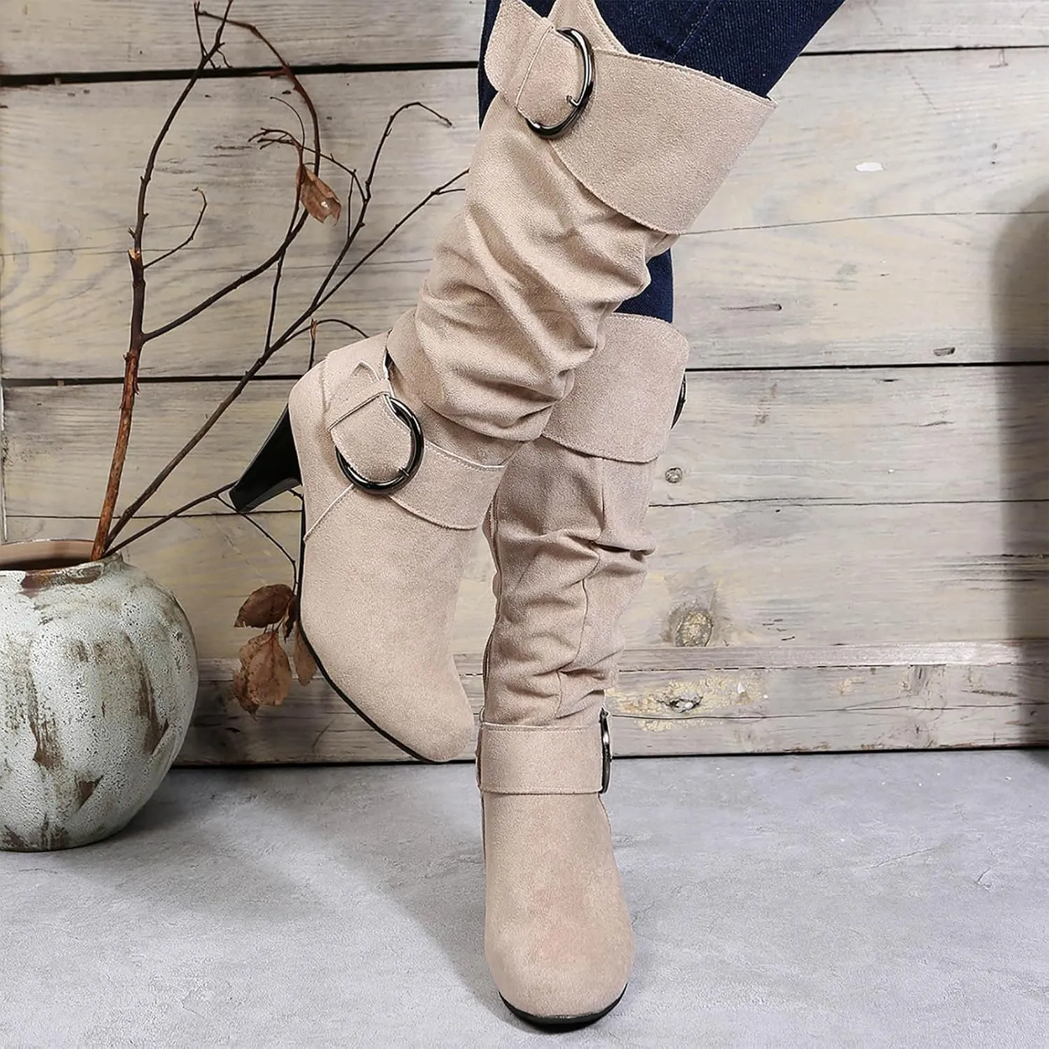 Women's Knee High Boots Buckle Zipper Mid Calf Boots Suede Faux Fur Lining Boots Fashion Side Zipper Long Boots