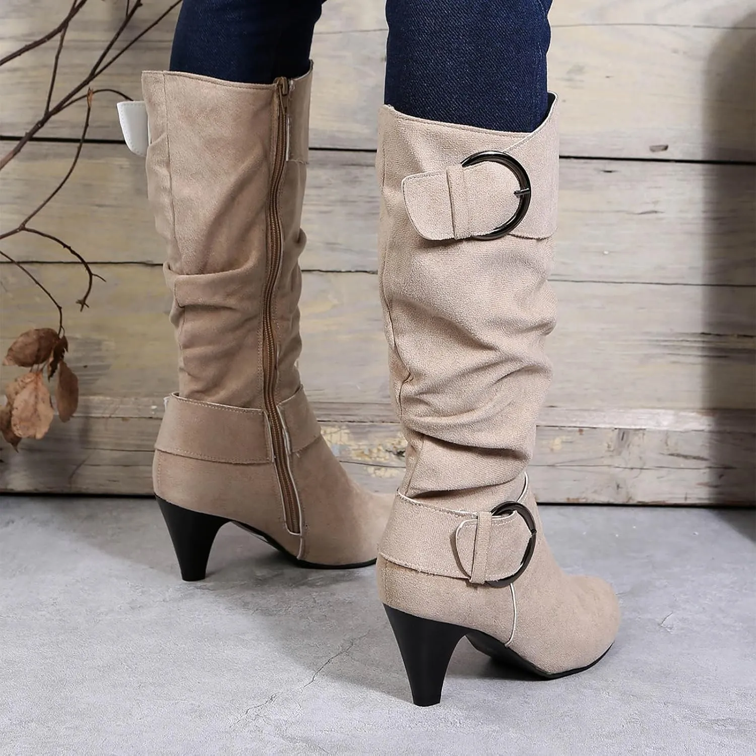 Women's Knee High Boots Buckle Zipper Mid Calf Boots Suede Faux Fur Lining Boots Fashion Side Zipper Long Boots