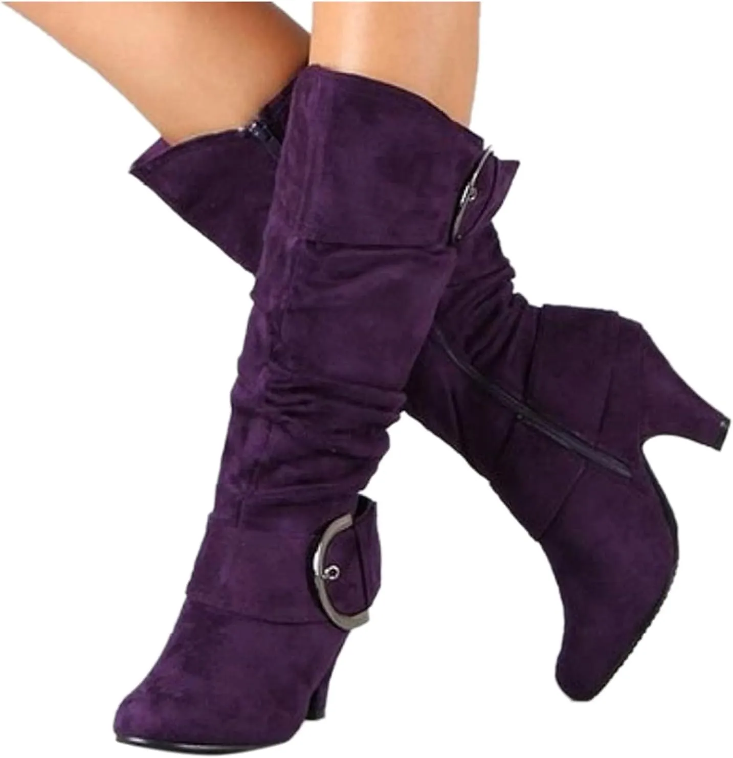 Women's Knee High Boots Buckle Zipper Mid Calf Boots Suede Faux Fur Lining Boots Fashion Side Zipper Long Boots