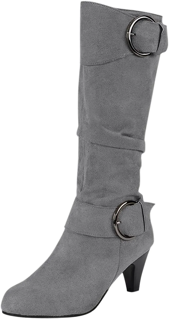 Women's Knee High Boots Buckle Zipper Mid Calf Boots Suede Faux Fur Lining Boots Fashion Side Zipper Long Boots