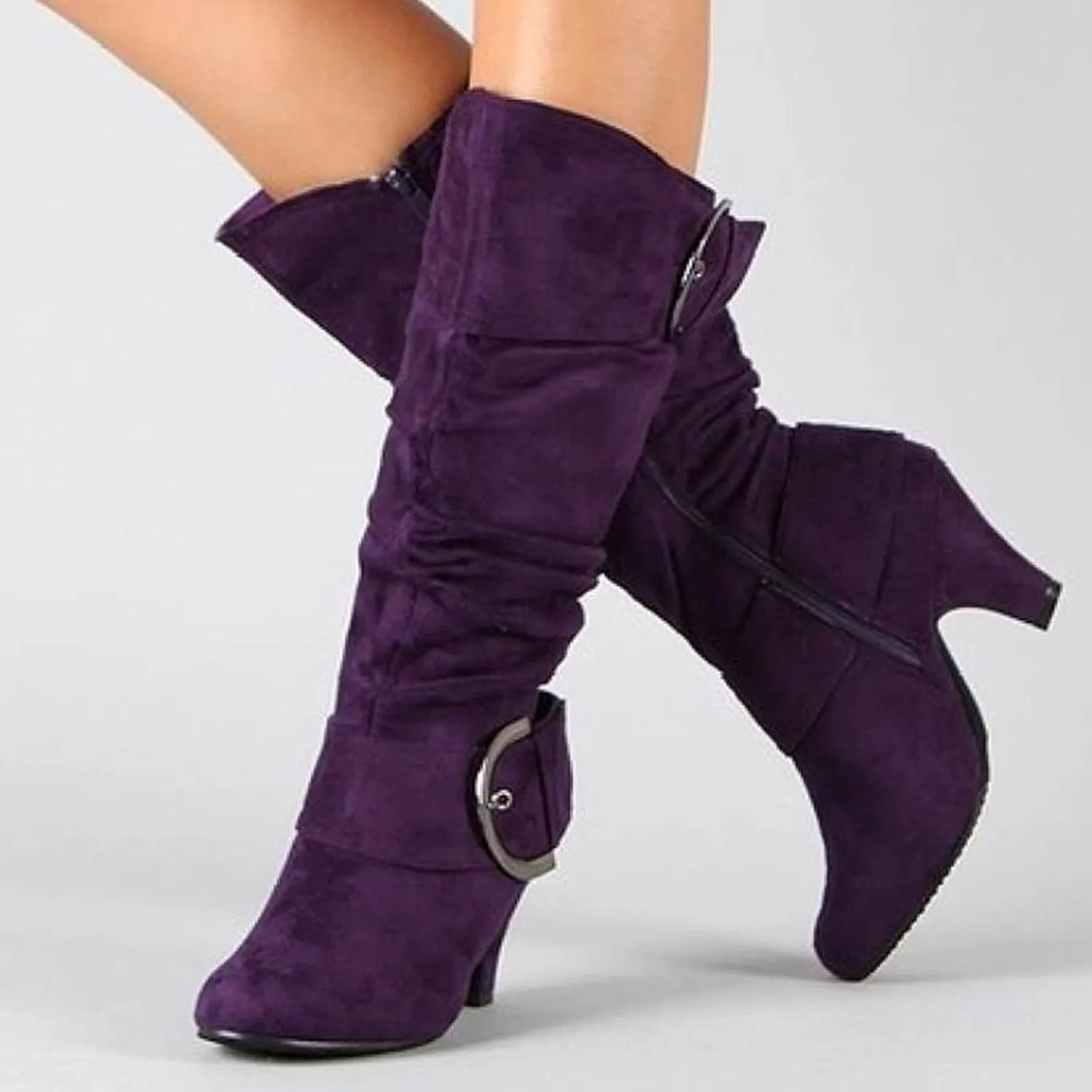 Women's Knee High Boots Buckle Zipper Mid Calf Boots Suede Faux Fur Lining Boots Fashion Side Zipper Long Boots