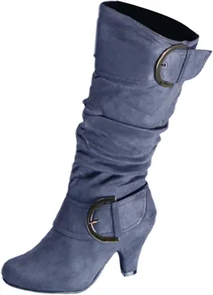 Women's Knee High Boots Buckle Zipper Mid Calf Boots Suede Faux Fur Lining Boots Fashion Side Zipper Long Boots