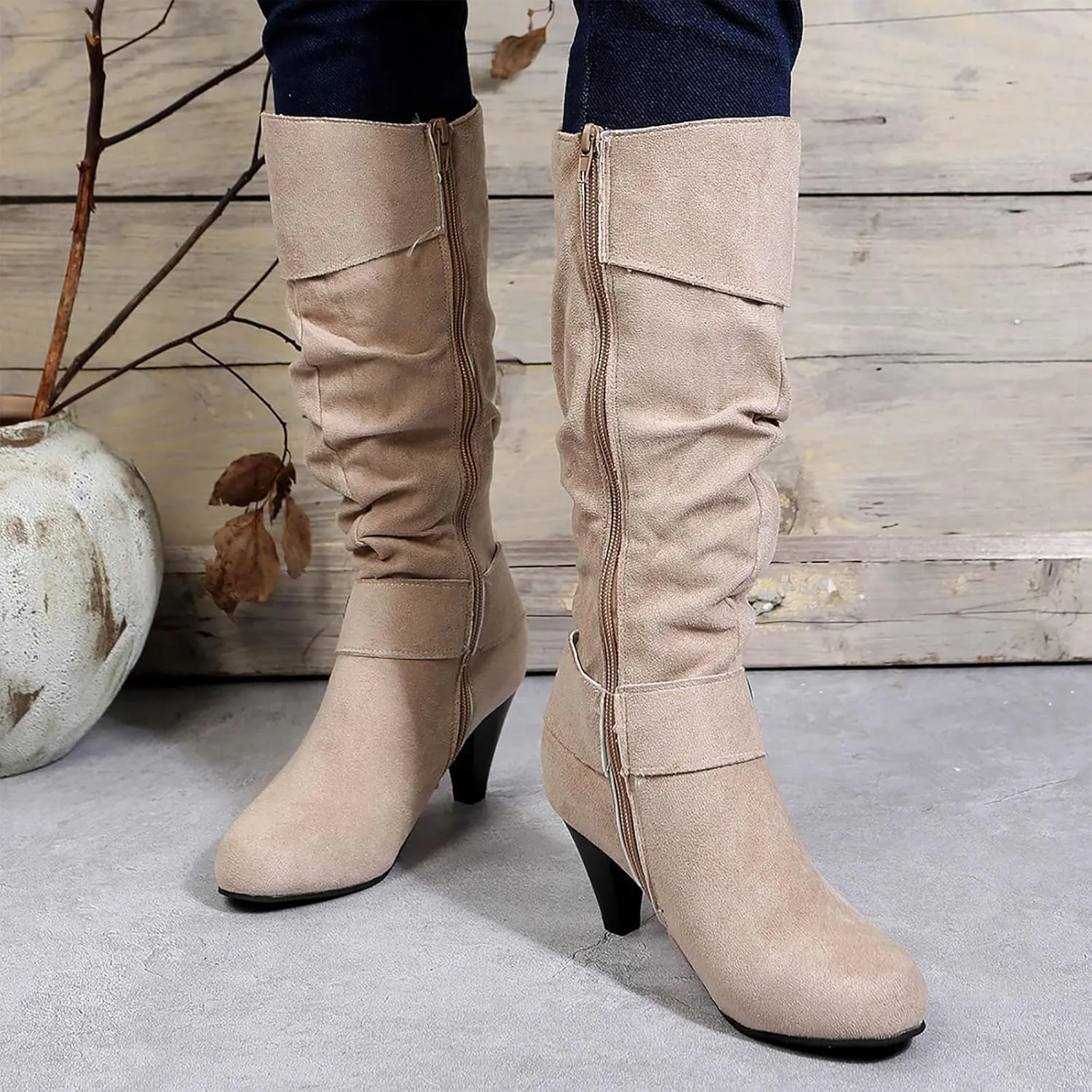Women's Knee High Boots Buckle Zipper Mid Calf Boots Suede Faux Fur Lining Boots Fashion Side Zipper Long Boots