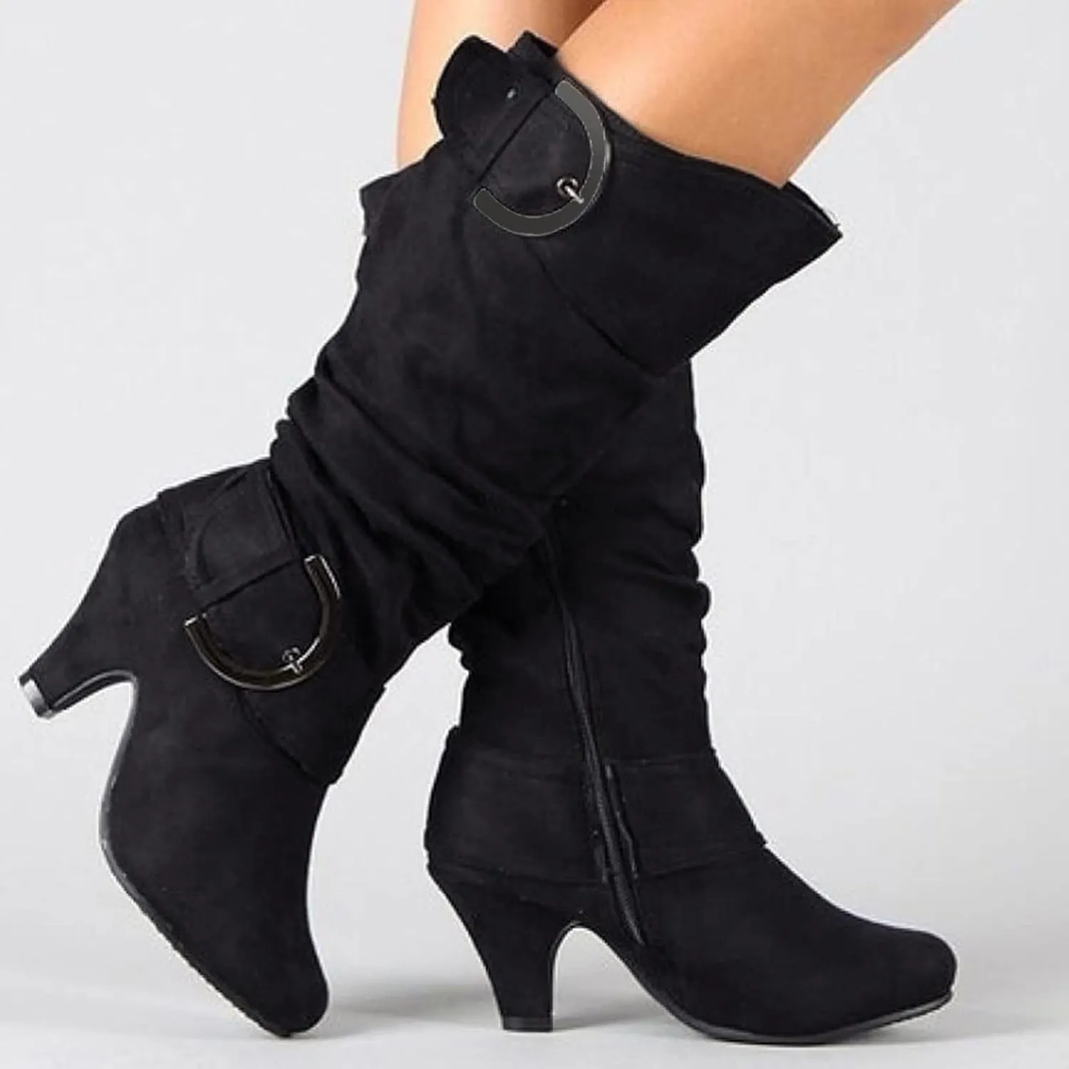 Women's Knee High Boots Buckle Zipper Mid Calf Boots Suede Faux Fur Lining Boots Fashion Side Zipper Long Boots