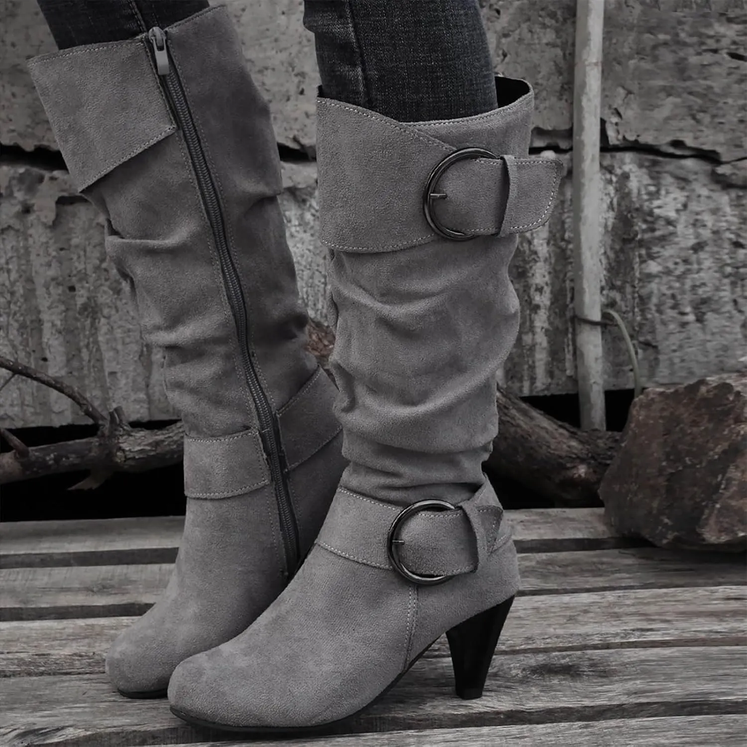 Women's Knee High Boots Buckle Zipper Mid Calf Boots Suede Faux Fur Lining Boots Fashion Side Zipper Long Boots