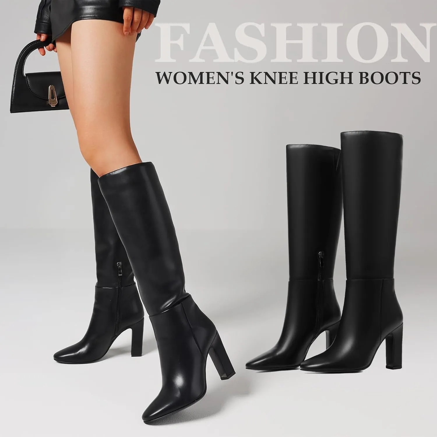Womens Knee High Boots Round Toe Tall Boots Block High Heel Boots Side Zipper Long Boots Comfortable Fashion Dress Boot