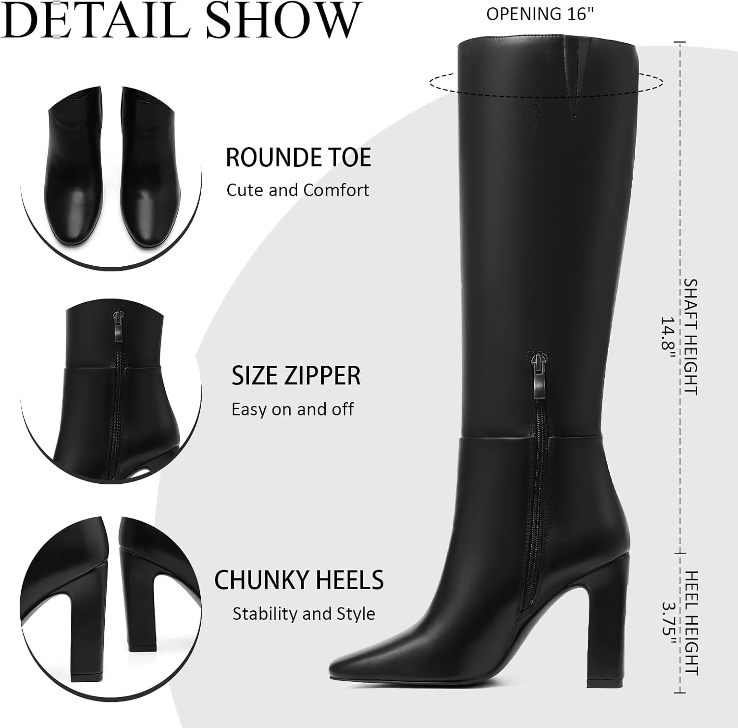 Womens Knee High Boots Round Toe Tall Boots Block High Heel Boots Side Zipper Long Boots Comfortable Fashion Dress Boot