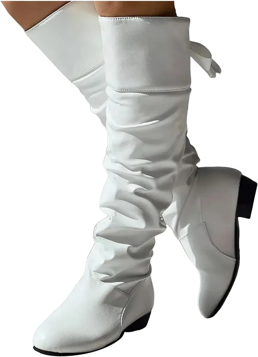 Womens Knee High Boots Wide Calf,Casual Pull On Tall Boots with Zip Slouchy Strap Riding Boots Leather Low Heel Boots
